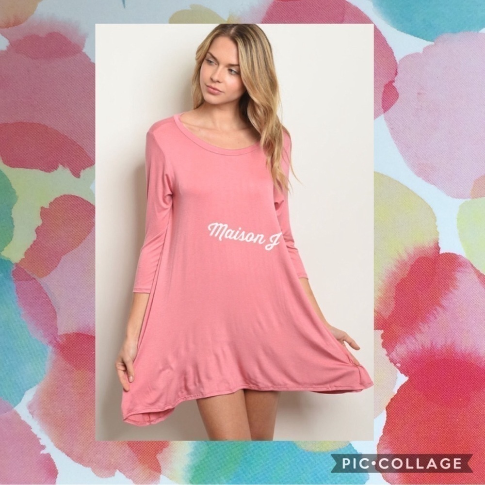 LOVE IN blush coral pink scoop neck 3/4 sleeve tunic dress pastel